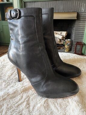 Via Spiga Black Leather Stiletto Ankle Boots with Buckle Trim